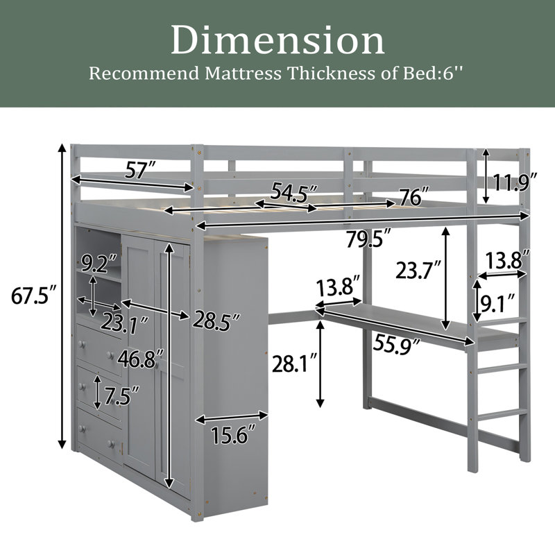 Lit mezzanine double avec tiroirs Dimmick Kids, Gris