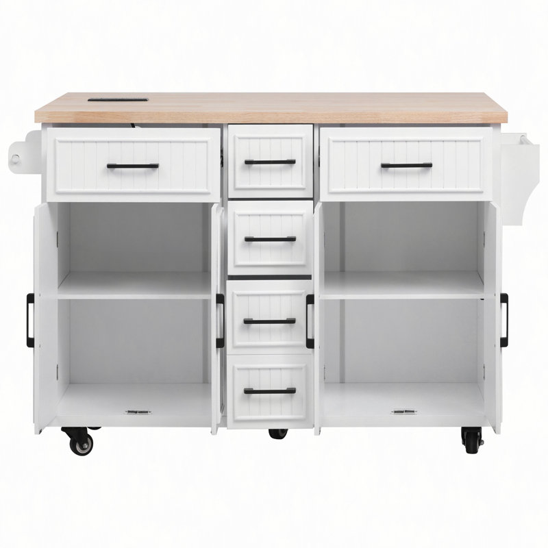 Îlot de cuisine 56,5 po avec rallonge, prise de courant, chariot de cuisine sur roulettes à rayures verticales en relief avec 4 portes, 5 tiroirs profonds et tablettes réglables, pour la cuisine, la salle à manger