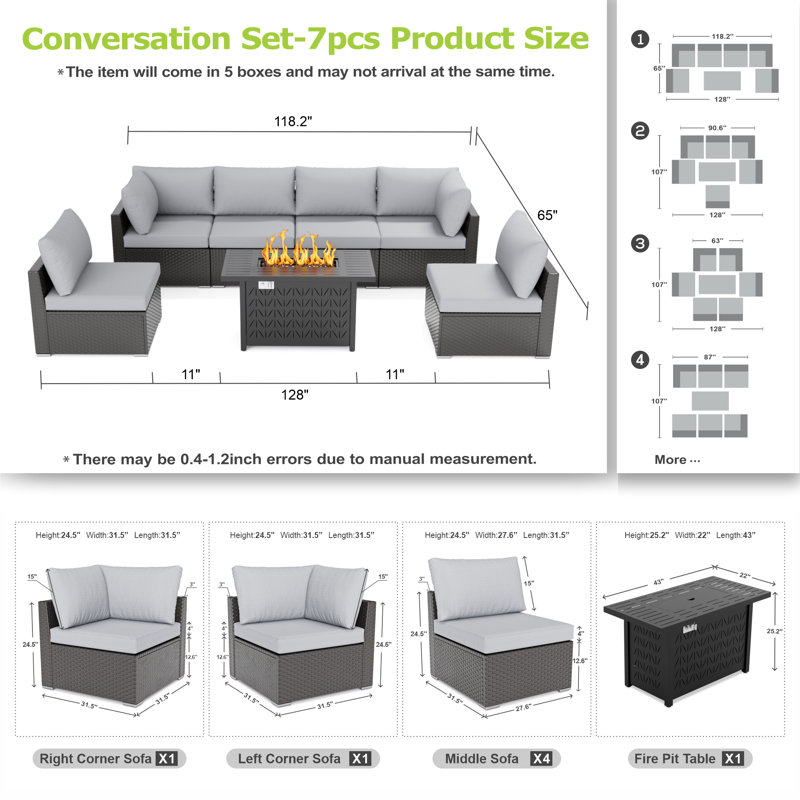 Ensemble de conversation modulaire avec coussins 7 pièces, Gris clair
