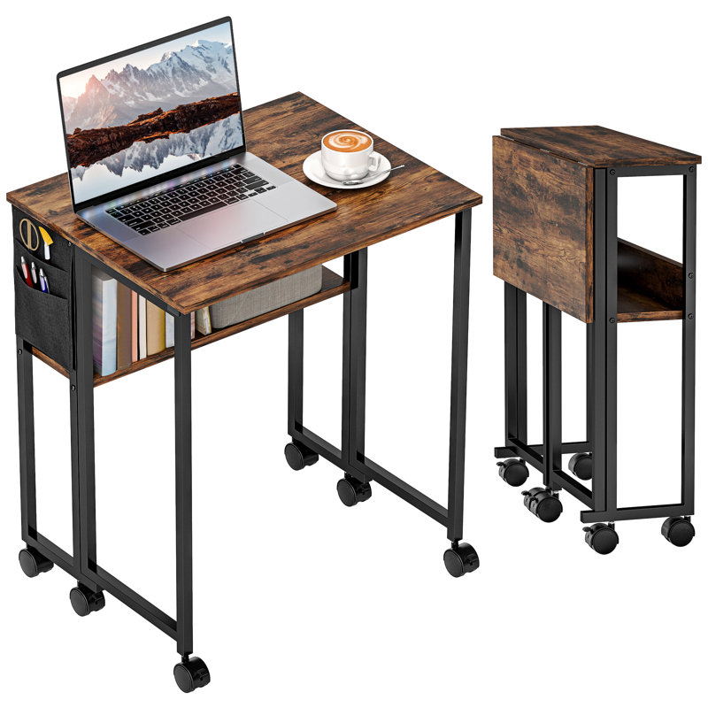HOMCOM Folding Desk with Storage Shelf and Bag 63 cm Rustic Brown, 75cm H x 63cm W x 50cm D, Rustic Brown/Black