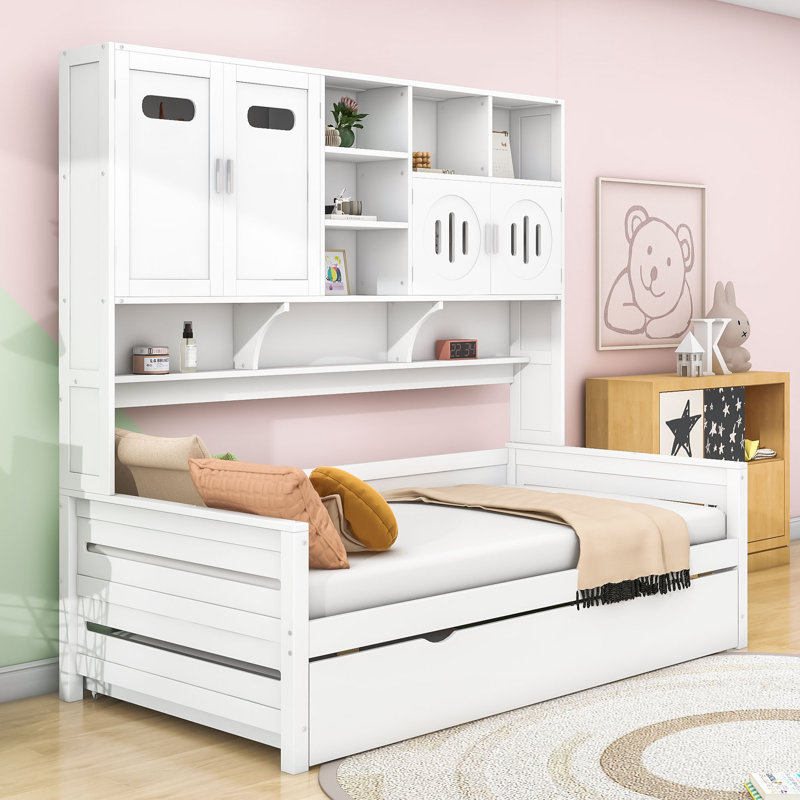 Wood Daybed with Trundle and Built-in Storage Cabinets and Shelves, Twin, White