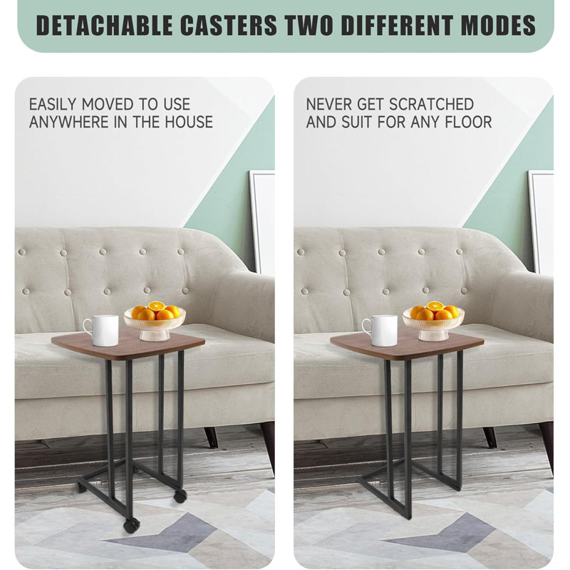 C Shaped End Table, Small Side Table For Couch, TV Tray Table With Detachable Wheels And Metal Frame,Wooden Anti-Scratch Tabletop Sofa Table, For Living Room, Bedroom (Small, Walnut)