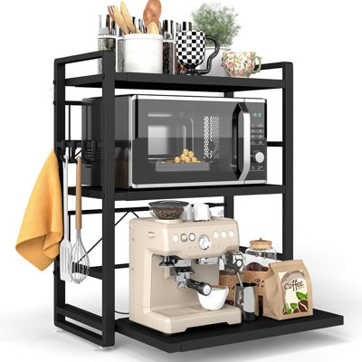 Étagère micro-ondes à 3 niveaux, réglable en hauteur et extensible, avec tiroir, noire