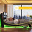 Floating Bed Frame with LED Lights, Modern Faux Leather Upholstered Platform Bed-1240193552-1240193561
