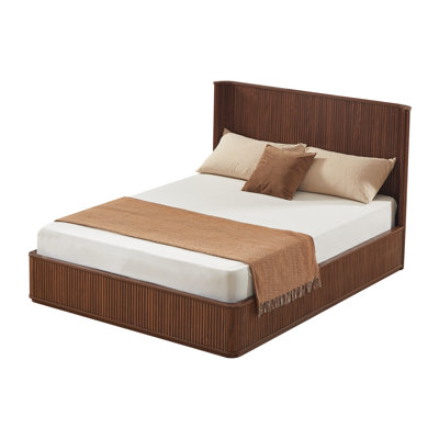 Solid Wood Platform Bed with Fluted Headboard, Low Profile Bed Frame No Box Spring Needed, Queen Size, Walnut [Curved Headboard]