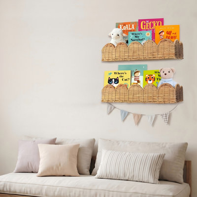 Ensemble de 2 étagères murales en rotin pour chambre de bébé festonnée, étagères pour enfants boho flottantes tissées à la main, rangement mural en osier naturel