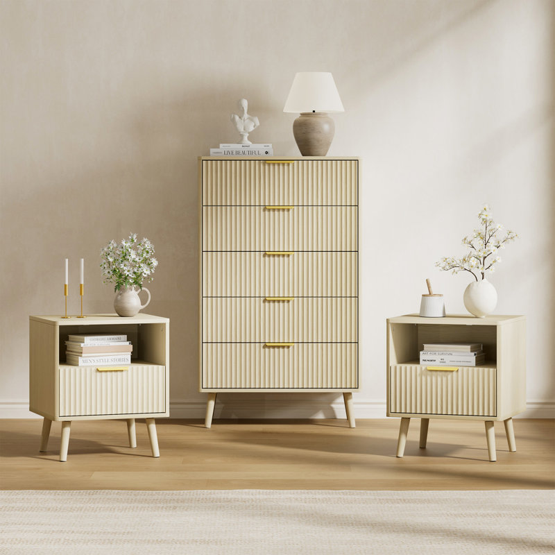 Ensemble de chambre à coucher 3 pièces (1 commode + 2 tables de chevet), Cream