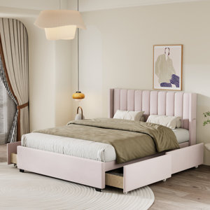 Velvet Upholstered Platform Bed with Built-in 4 Storage Drawers - Sleek Design
