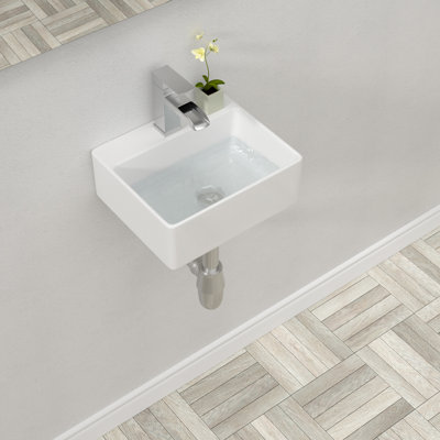 13" x 11" Wall Mount Bathroom Sink Wall Hung Rectangle White Ceramic Bathroom Sink with Faucet Hole