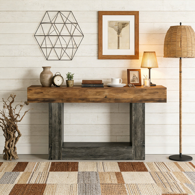 Wooden Farmhouse 2-Tier Sofa Entryway Table, Vintage Brown & Gray
