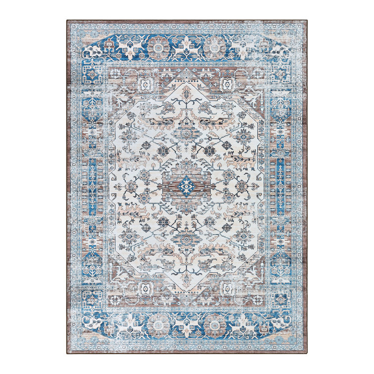 Washable Vintage Rugs for Living Room Oriental Floral Distressed Rugs Non-Slip Indoor Rugs Thin Ultra Soft Carpet for Bedroom Dining Room Long Kitchen Runner Rug Low Pile Office Rugs with Rubber Backing