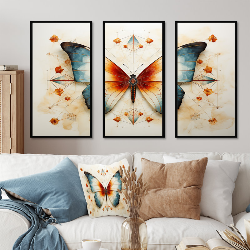 Motif de papillon orange et bleu - Art mural papillon, Cadre flottant noir, H 28 po x l 36 po x P 1 po