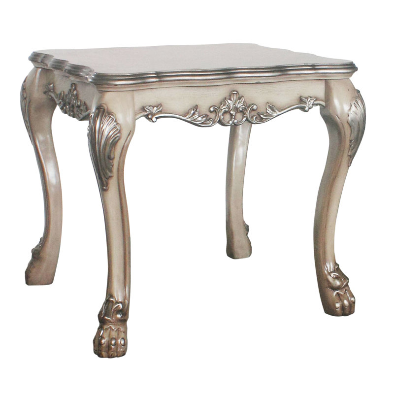 Table de bout carrée Classic Decor en blanc os rétro avec de fines sculptures et une plateforme stable