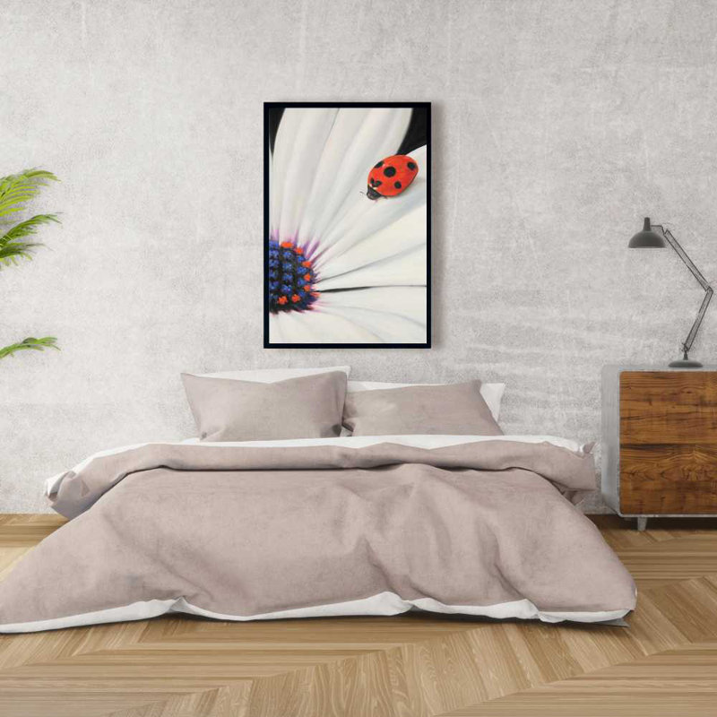 White Daisy and Ladybug - Blue Romantic Framed Canvas Art