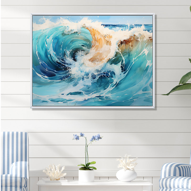 «Tropical Beach Waves Fusion I», reproduction sur toile, H 12 po x l 20 po x P 1 po, Cadre flottant blanc