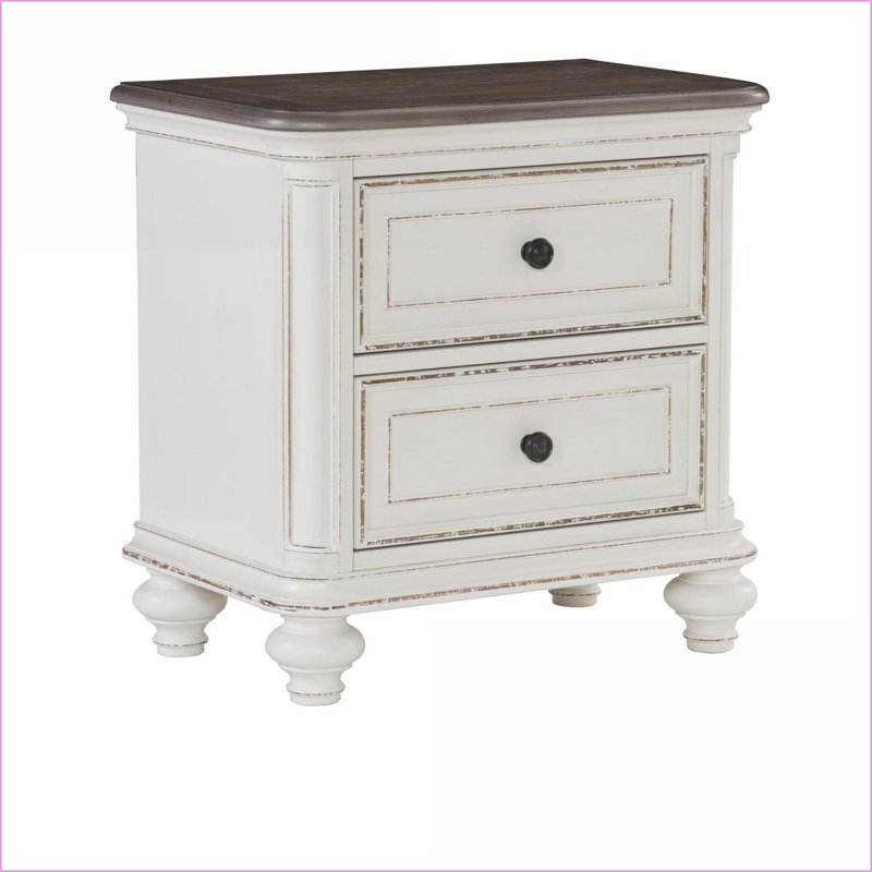 Blanc antique Table de chevet traditionnelle 2 tiroirs brun-gris