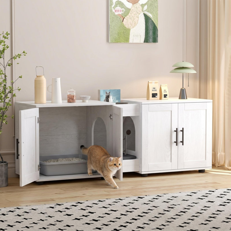 Enceinte pour lit double pour chat, armoire cachée avec porte de grange pour 2 chats, meuble télé et rangement, surface imperméable, double compartiment