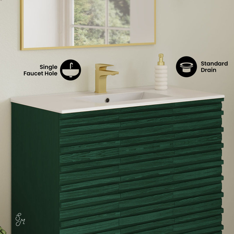 Cascade 36" Freestanding Bathroom Vanity in Green Oak with Sink Top, Single, White