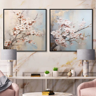 Minimalisme - Ensemble de 2 cerisiers en fleurs roses et blanches