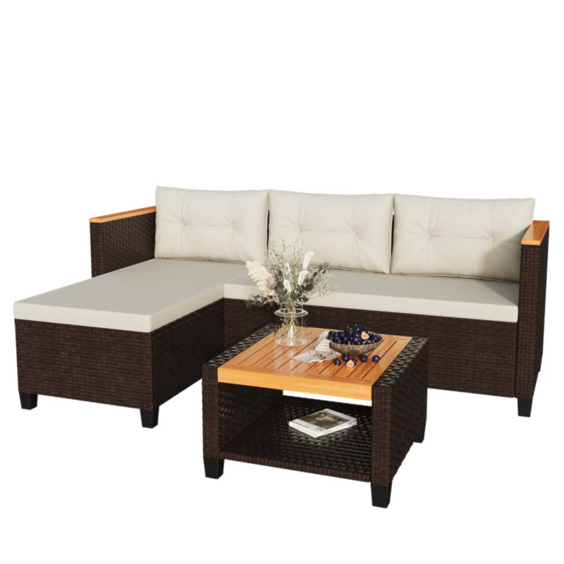 3-Piece L-Shaped Wicker Patio Set With Cushions And Acacia Wood Storage Table For Compact Outdoor Spaces