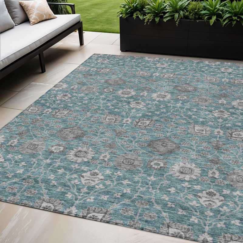 Tapis extérieur lavable floral bleu sarcelle et gris anthracite 5 pi x 8 pi