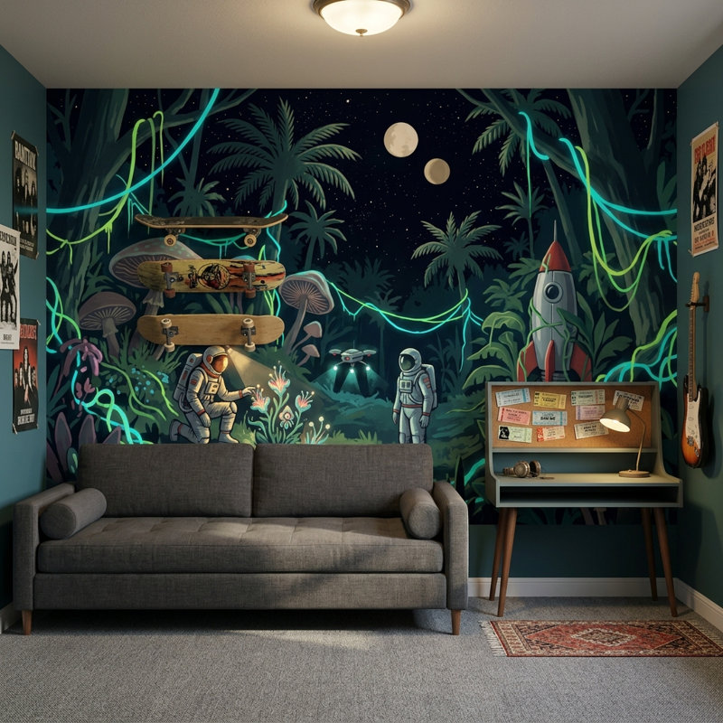 Décoration murale amovible de nuit, astronautes et fusée, 100 po x 96 po, Non tissé