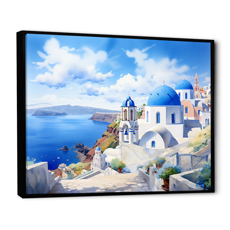 Santorini, Grèce, bord de mer, village sérénité II - Grèce, art mural, Cadre flottant noir, H 34 po x l 44 po x P 1,5 po