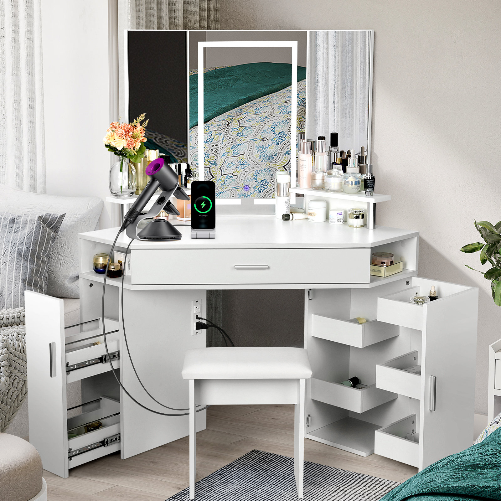 Latitude Run Karolinka Tri Fold Mirror with Outlets Vanity Set