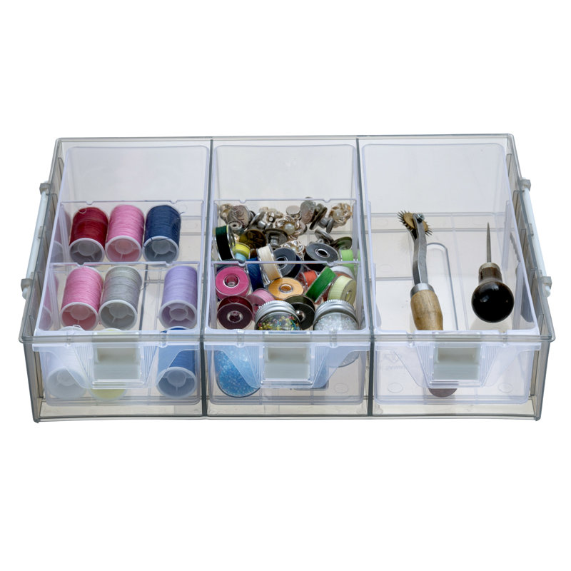 Plastic Stackable Arts and Crafts Transparent Grey Art Carrying Case With Drawers, One Tier without Lid