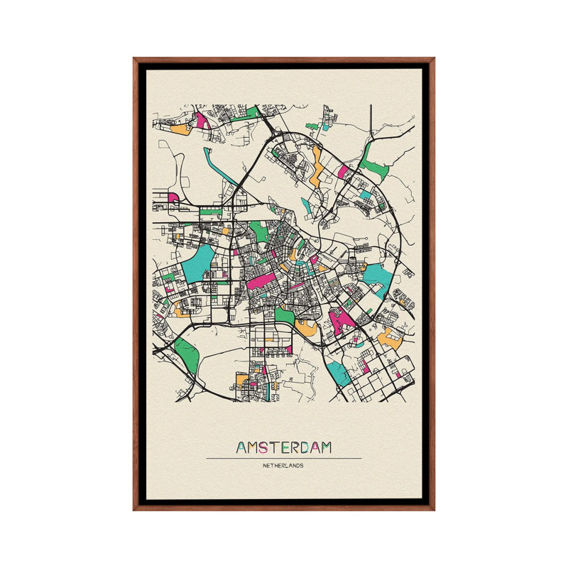 Amsterdam, Netherlands Map by Ayse Deniz Akerman - Print on Canvas, 101.6 cm H x 66.04 cm W, Brown Floater Frame