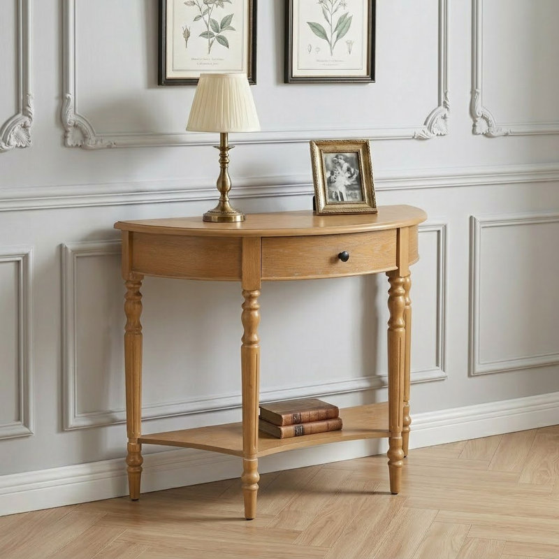 TREXM Space-Saving Farmhouse Console Table,Half Moon Sofa Table with Drawer and Lower Shelf for Entryway,Hallway,Foyer