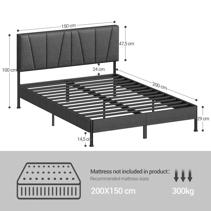 King Bed Frame, 150×200 cm, Upholstered Metal Bed Frame with Headboard, Max. Load Capacity 500kg, Easy Assembly, No Box Spring Needed