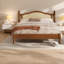 Très grand lit avec tête de lit en rotin, structure en bois aggloméré, chambre à coucher moderne