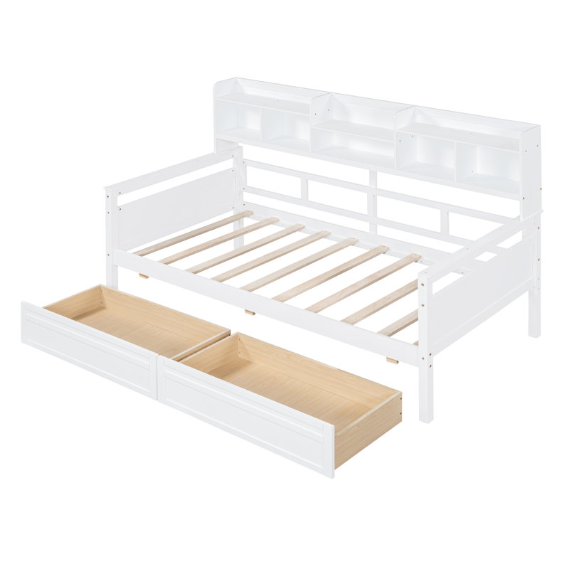 Twin Size Daybed, Wood Slat Support, With Bedside Shelves And Two Drawers, White, Twin