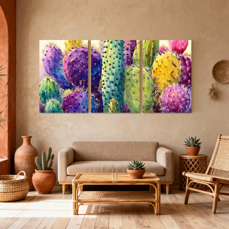 Plantes et fleurs, motif de cactus colorés, ensemble de 3 impressions sur toile, H 18 po x l 36 po