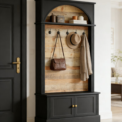 Vintage Arched Entryway Cabinet with Hooks, Bench & Double-Door Storage, Multi-functional Furniture for Hallway or Bedroom