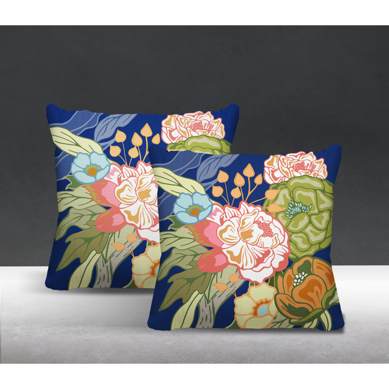 Floral Outdoor Reversible Throw Pillow, 19W" x 19H", Navy/Lime/Orange