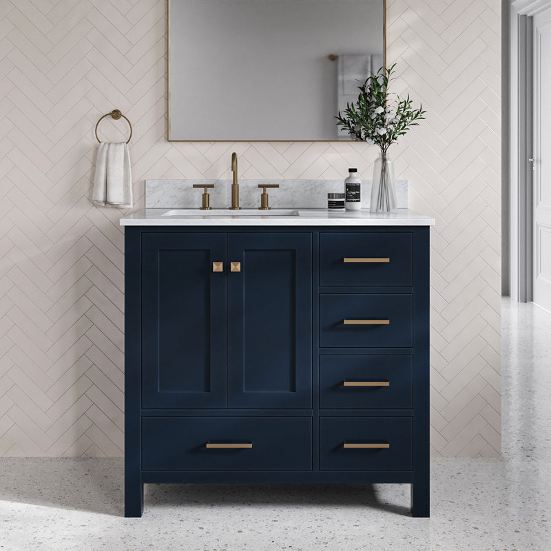 Ensemble de meuble-lavabo simple 37 po Flynt, Bleu minuit / laiton satiné, Forme rectangulaire, Gauche