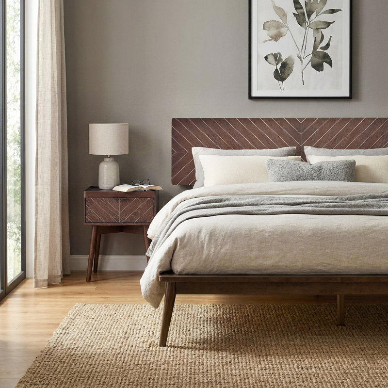 Loki King Bed Frame With 3D Chevron Headboard & Signature Tapered Legs, Premium Mid-century Modern Wood Platform Bed Frame, Low-profile Surround