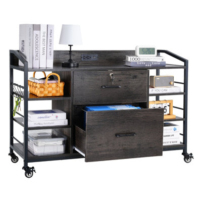 2 Drawers Metal File Cabinet with 6 Open Shelves and Power Strip by 17 Stories