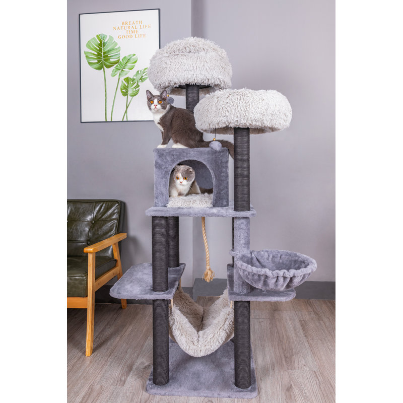 63'' Gray Faux Fur and Sisal 7-Level Cat Tree Tower