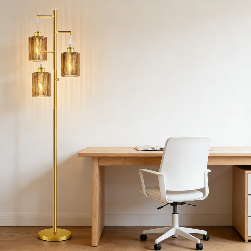 Lampe sur pied 72 po en rotin à intensité variable avec abat-jour fabriqué à la main, lampe sur pied de style arbre industriel pour le salon, la chambre à coucher ou le bureau, comprend 3 ampoules DEL