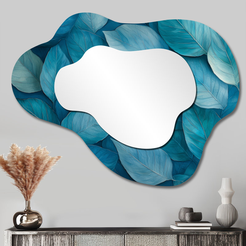 Miroir décoratif asymétrique à feuilles sarcelle monochrome I - feuilles, miroir mural traditionnel irrégulier, imprimé sur métal