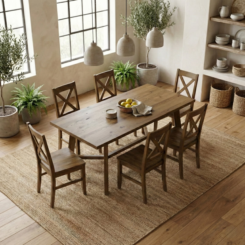 Oaklyn Modern Rectangular Dining Table Set, 7 Pieces: Table, 6 Chairs, Brown
