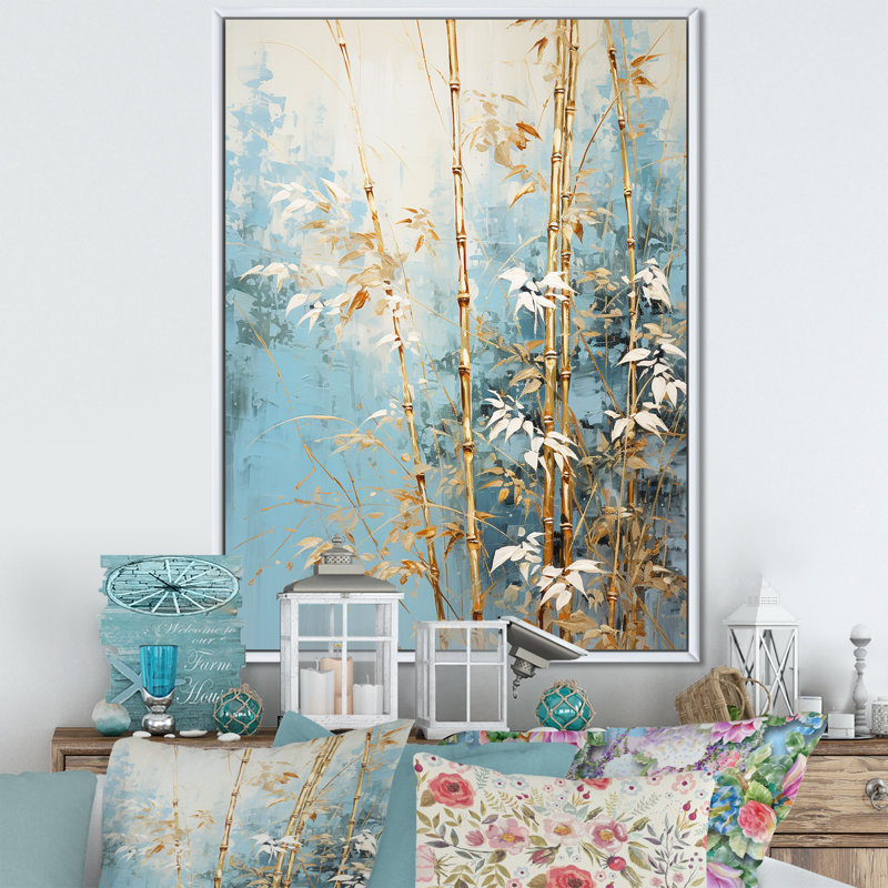 Or et bambou bleu I sur impression sur toile, H 32 po x l 16 po x P 1 po, Cadre flottant blanc