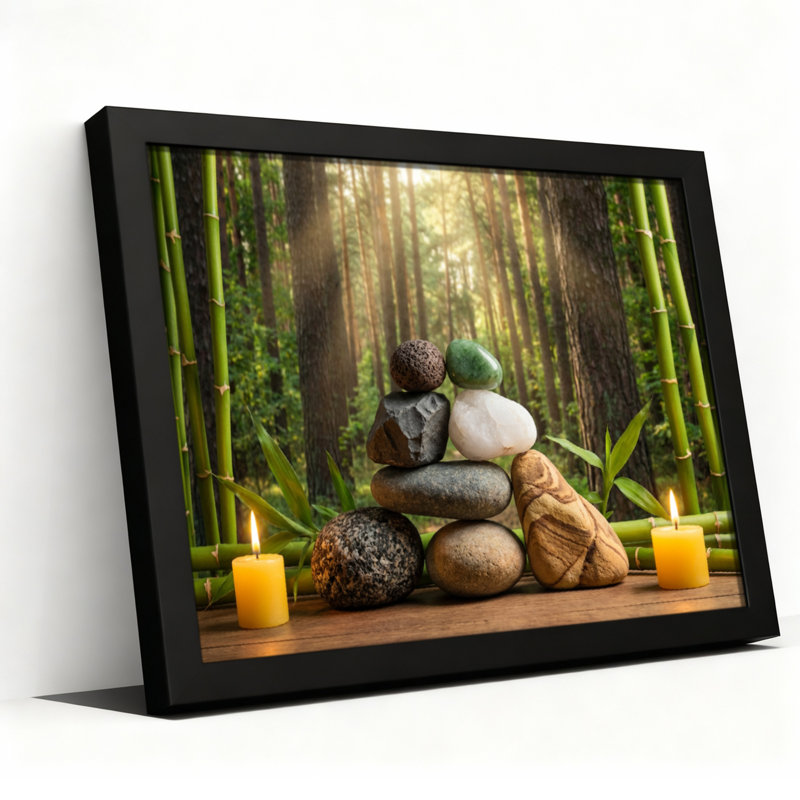 Ensemble de 1 tableau mural sur toile tendue représentant une forêt de bambous, des pierres zen et des bougies