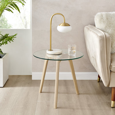 Lakshmi Sala Scandinavian Style Glass and Wooden Leg Round Side Table - Living Room Small Table