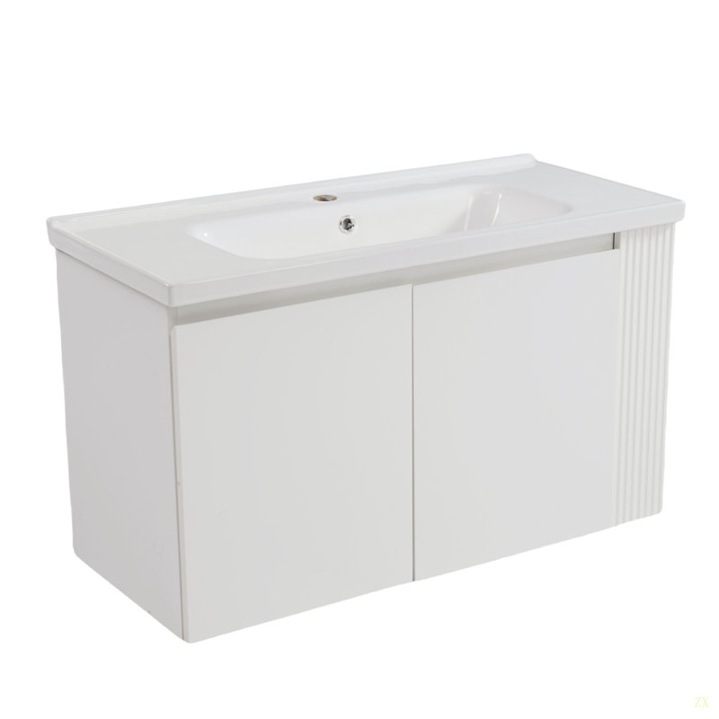 Meuble-lavabo mural polyvalent 36 po avec lavabo en céramique 36 po, portes flottantes à poignée libre et 2 tablettes latérales ouvertes, grand espace de rangement