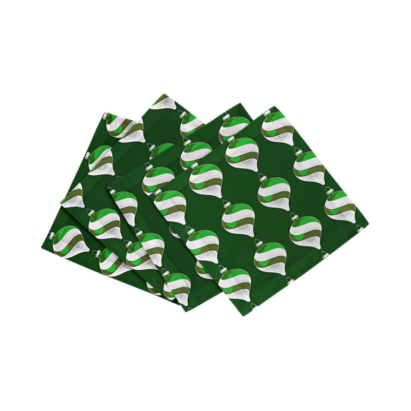 Xmas Ornament Cotton Sateen Cocktail Napkins, Green