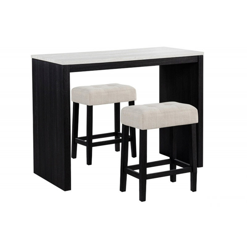 Ensemble trois pièces à hauteur de comptoir avec tabourets et repose-pieds capitonnés, une table avec deux chaises pour la salle à manger